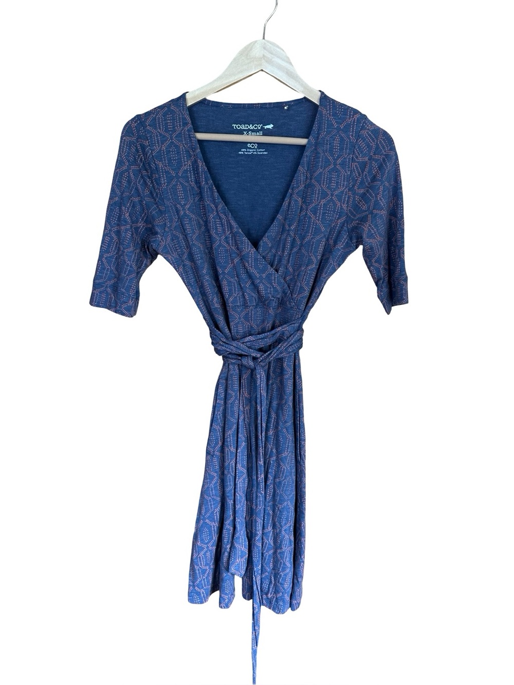 Toad & Co Faux Wrap Cafe Midi Dress Large Pockets Organic Cotton Blue XS